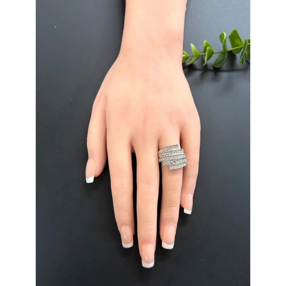 Silver Tone Tiered Rhinestone Statement Cocktail Ring Size 7.5